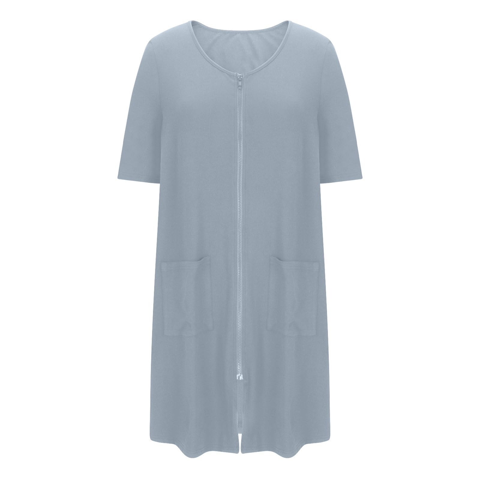 Batas de casa para mujer, batas ligeras con cremallera frontal, manga 3/4, bata de casa, ropa de estar suave, camisón con bolsillos Gray X-Large