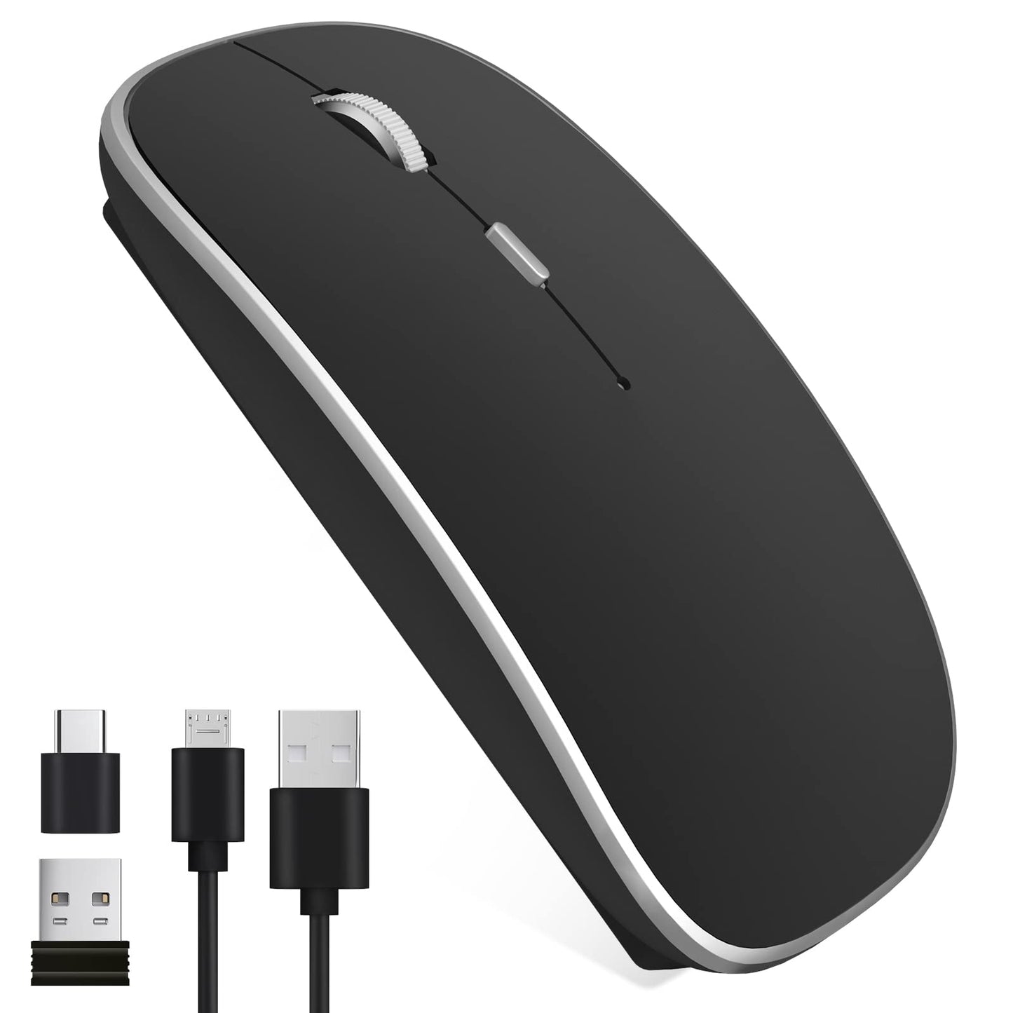 Leolee Mouse Inalámbrico, Ratón Inalámbrico Recargable, Mouse Wireless con 2.4G, óptico Silencioso Click, Receptor USB y Tipo-c Adaptador 3 Ajustable dpi para Computadora, Portátil, PC, Mac (Negro)