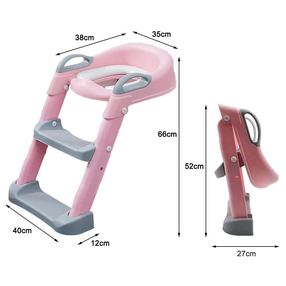Jiula Asiento de Entrenamiento para Baño con Escalera Antideslizante - Asiento Entrenador para Baño Niño, Taburete Plegable Infantil para Taza, con Acolchonado, Asiento Ergonómico Rosa, A, Cojín Duro