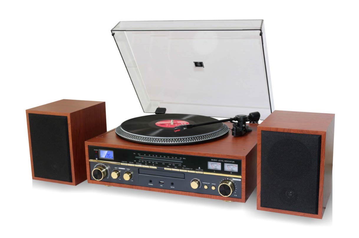 TechPlay Commander, tocadiscos de 3 velocidades con control de tono, reproductor de CD, amplificador con medidor VU, Bluetooth y grabación USB... (madera)