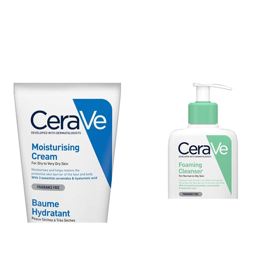CeraVe Gel Limpiador Espumoso |237ml| Limpiador diario para piel mixta grasa o con acné + Crema Hidratante |170gr| Hidrante diario para rostro y cuerpo para piel seca