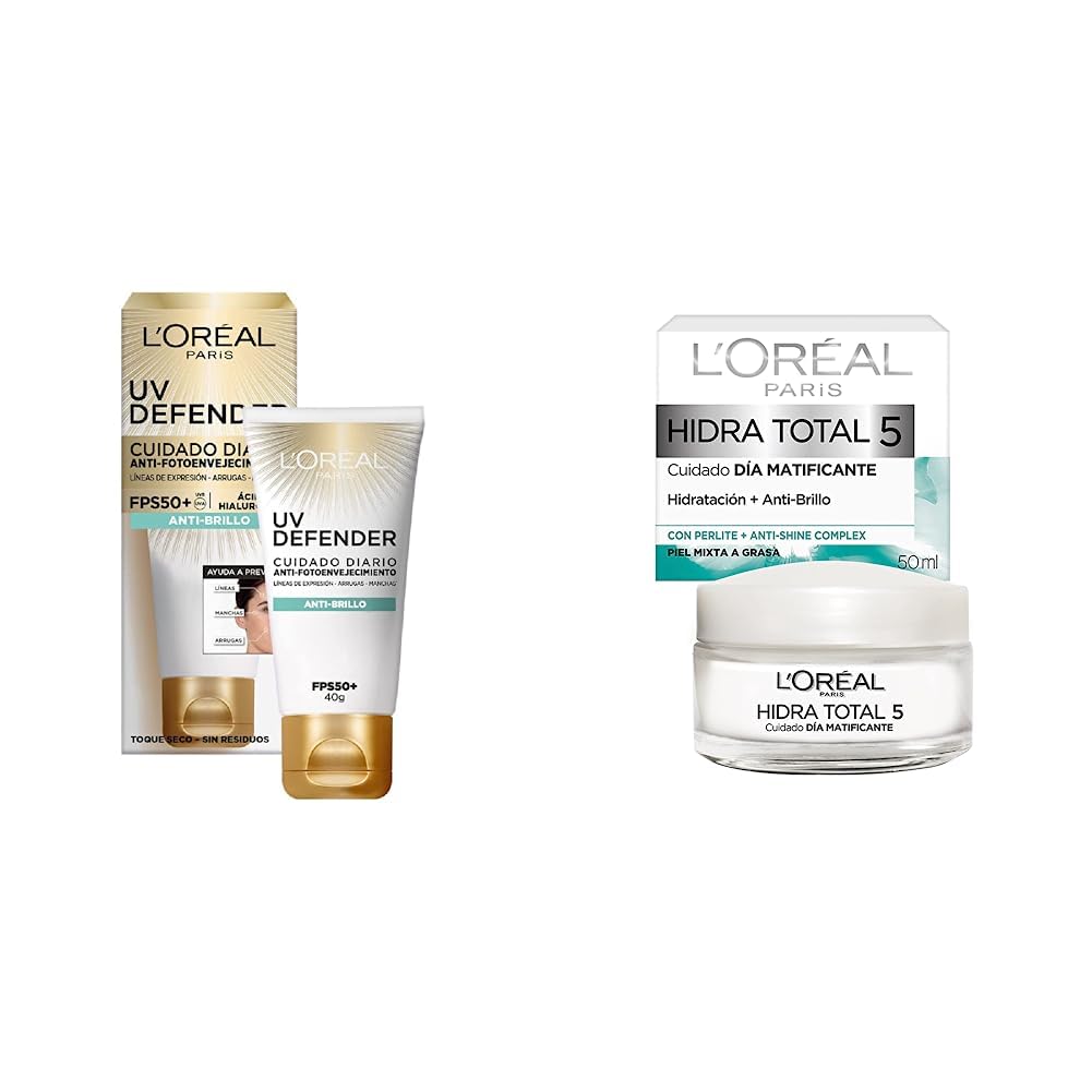 L'Oréal Paris Protector Solar Diario Anti-Brillo FPS50+ UV Defender, 40ml + Crema Hidratante, Piel Mixta Hidra Total5, 50 ml