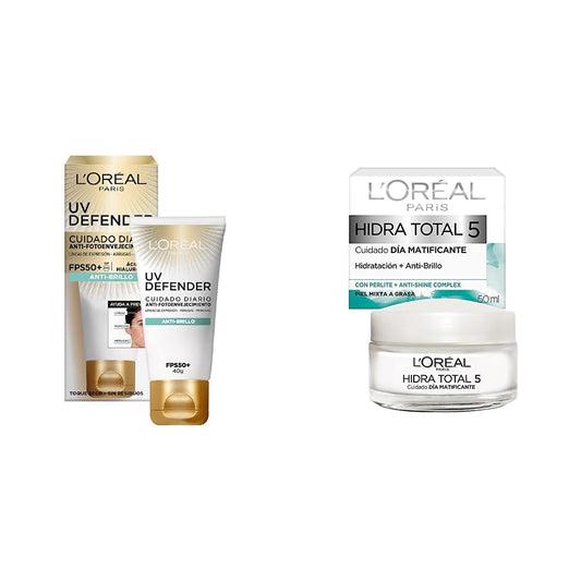 L'Oréal Paris Protector Solar Diario Anti-Brillo FPS50+ UV Defender, 40ml + Crema Hidratante, Piel Mixta Hidra Total5, 50 ml