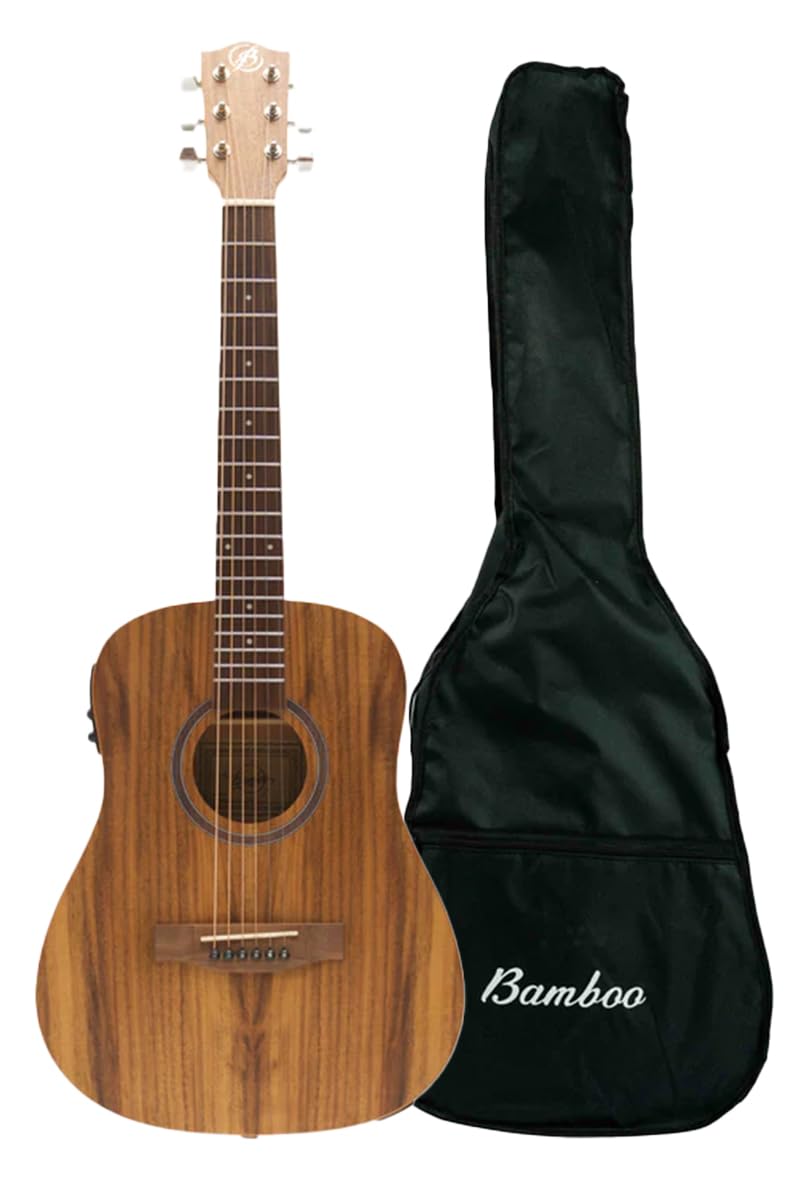 BAMBOO, Guitarra Electroacustica Travel Koa con Funda Negra, 34 pulgadas, madera Koa