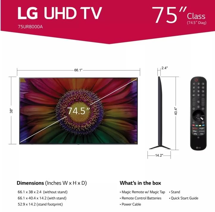 LG Pantalla Smart TV | 2023 | 75 Pulgadas | 4K | WebOS23 | ThinQ AI TV | HDR10 | Game Optimizer | Funciona con Asistentes de Voz | 75UR8000AUA (Sin Bases) Mas Soporte de Pared (Reacondicionado)
