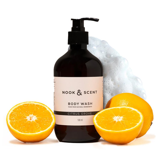Body Wash Cítrico | 500 ml | Limpieza e Hidratación | Libre de Sulfatos y Parabenos, Vegano, Aceites Esenciales, Aroma Revitalizante con Notas de Naranja, Cedro y Patchouli | Nook & Scent