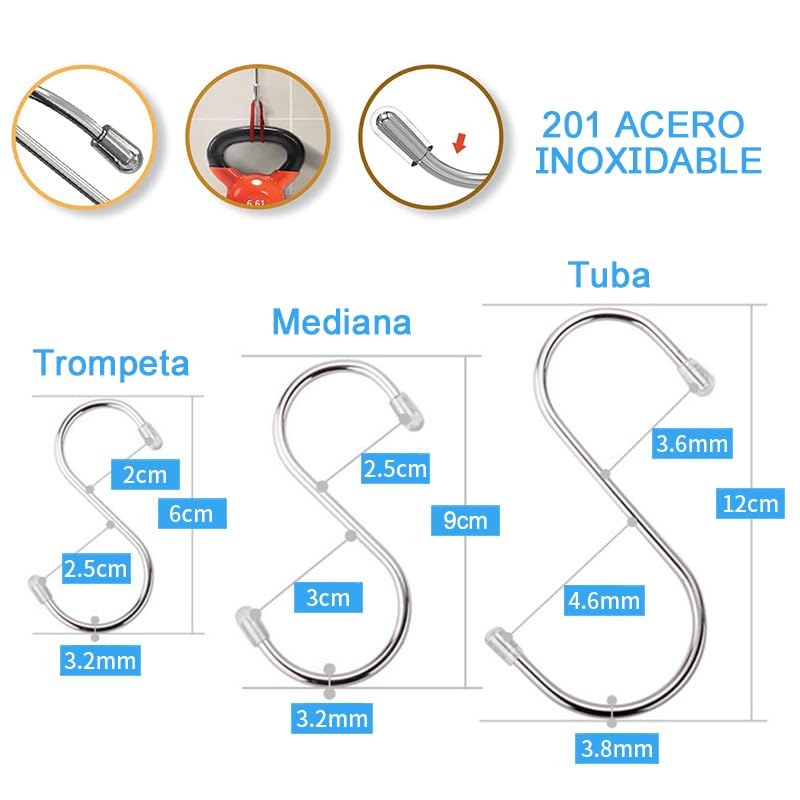 Ganchos para Colgar en Forma de S de Acero Inoxidable 45 Piezas Colgantes para Utensilios de Cocina, Baño, Recámara, Sartenes, Ropa, Bolsas, 3 Tamaños 6/9/12 Cm