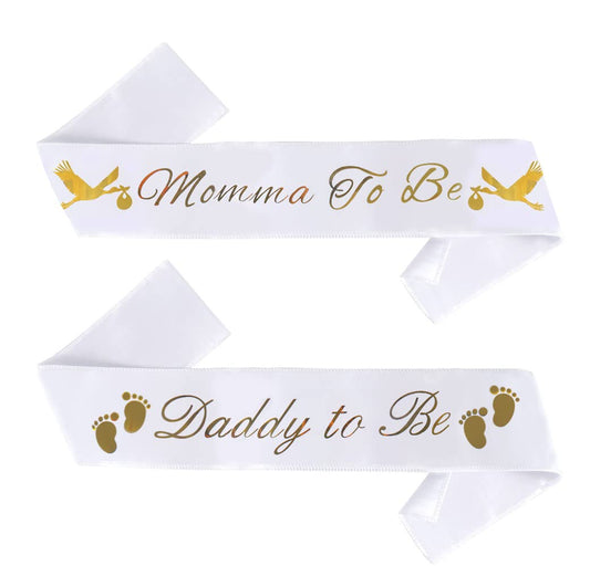 Paquete de fajas para baby shower "Momma To Be" y "Daddy To Be", con linda imagen de cigüeña (letras blancas y doradas), decoraciones para fiestas de baby shower para niñas y niños, regalos