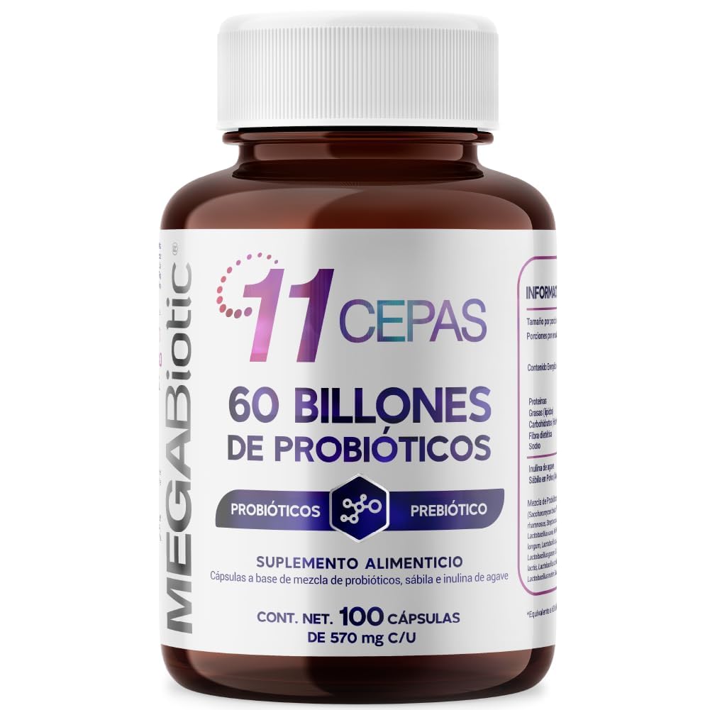 Suplemento Alimenticio MegaBiotic Probióticos 60 Billones 11 Cepas y Inulina de Agave Cont. 100 Caps.