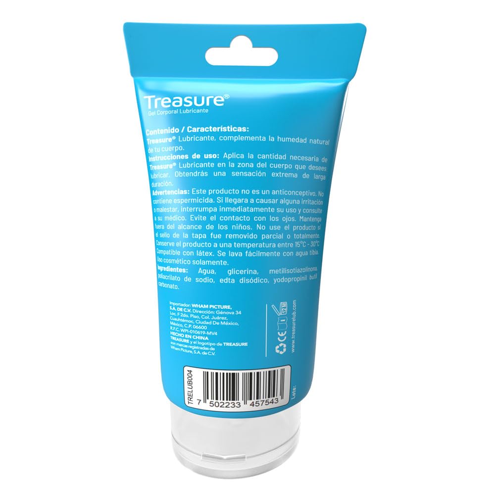 Lubricante intimo femenino TREASURE, lubricante base agua cristalino, presentación en gel, perfecto para usarlo en intimidad y con juguetes, larga duración y de facil limpieza, presentación de 60 ml