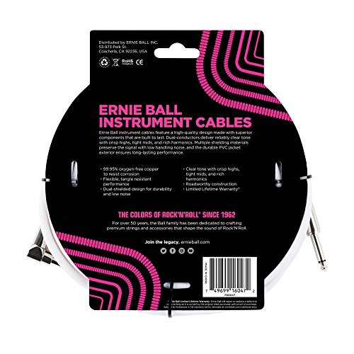 Ernie Ball - Cable para instrumentos, recto/acodado, 6,1 m, color blanco