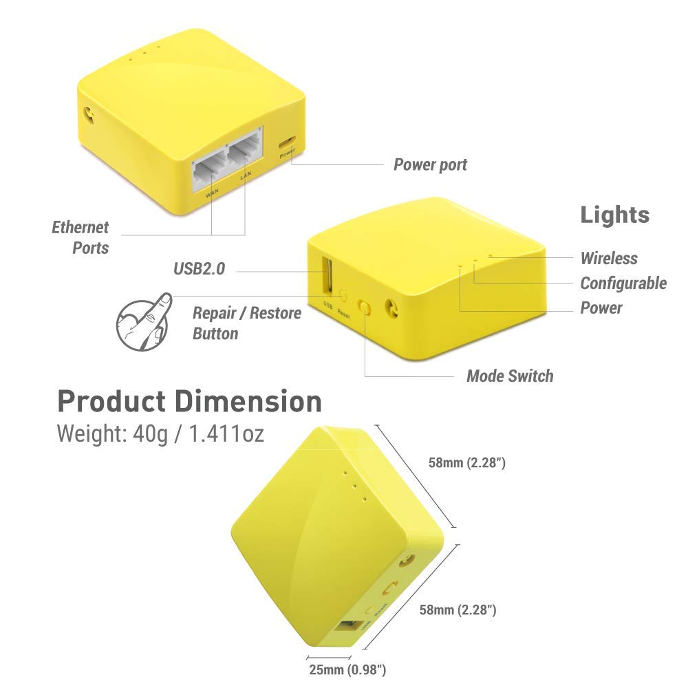 GL.iNet GL-MT300N-V2(Mango) Mini Enrutador Inalámbrico de Bolsillo Portátil - Punto de Acceso/Extensor/Wds | OpenWrt | 2 Puertos Ethernet | VPN OpenVPN/Wireguard | USB 2.0 | 128MB RAM