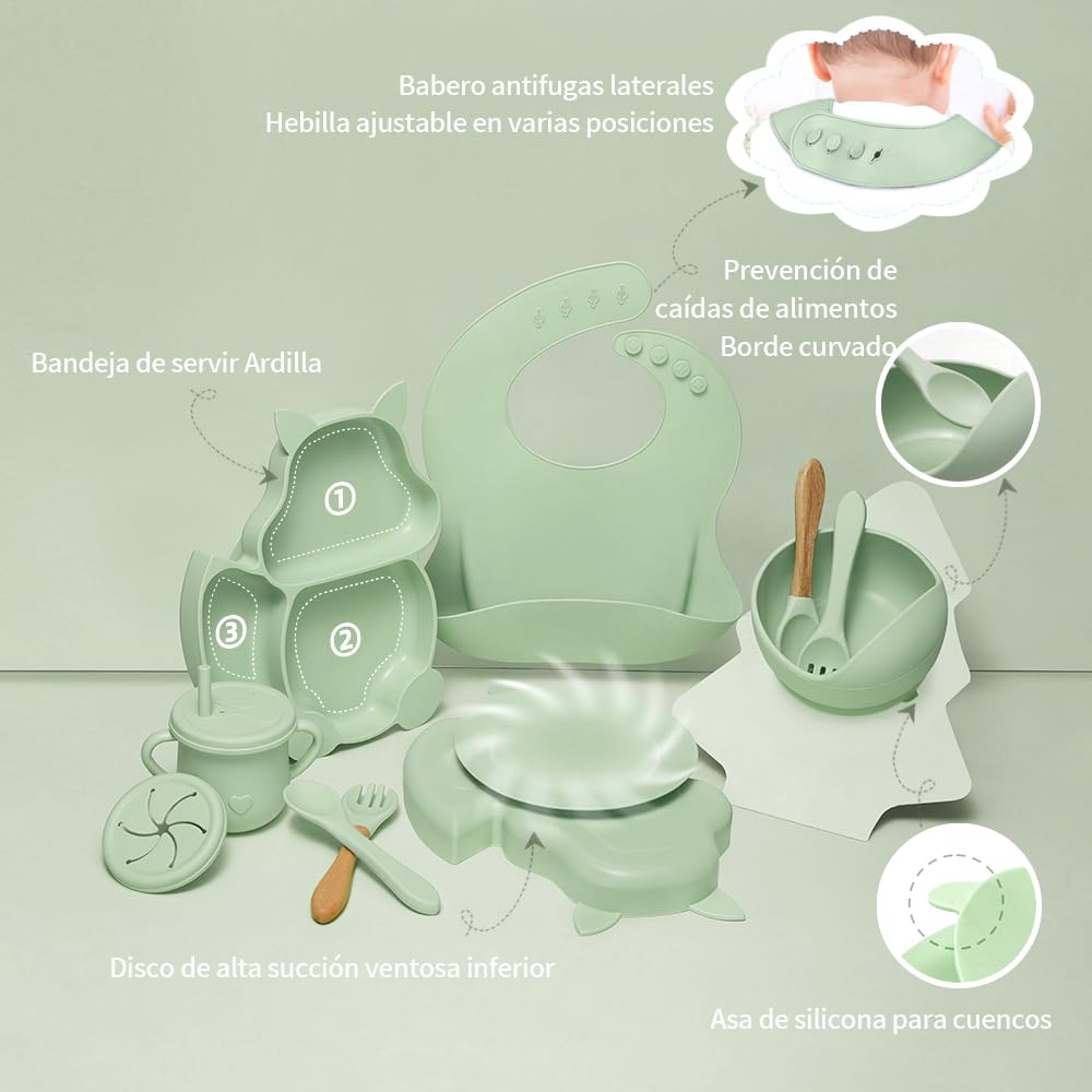 FINYQBET Platos Para Bebés De Silicona Con Tazón Cuchara Tenedor Babe,Set de 8 Piezas para Bebés,Plato para Bebe con Ventosas, Ajustable,VERDE