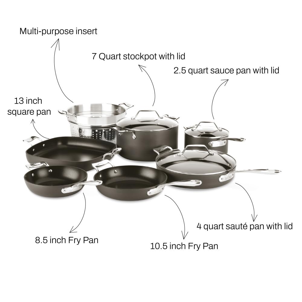 All-Clad Essentials - Juego de utensilios de cocina antiadherentes anodizados duros, 10 unidades, aptos para horno, ollas y sartenes 350F, color negro