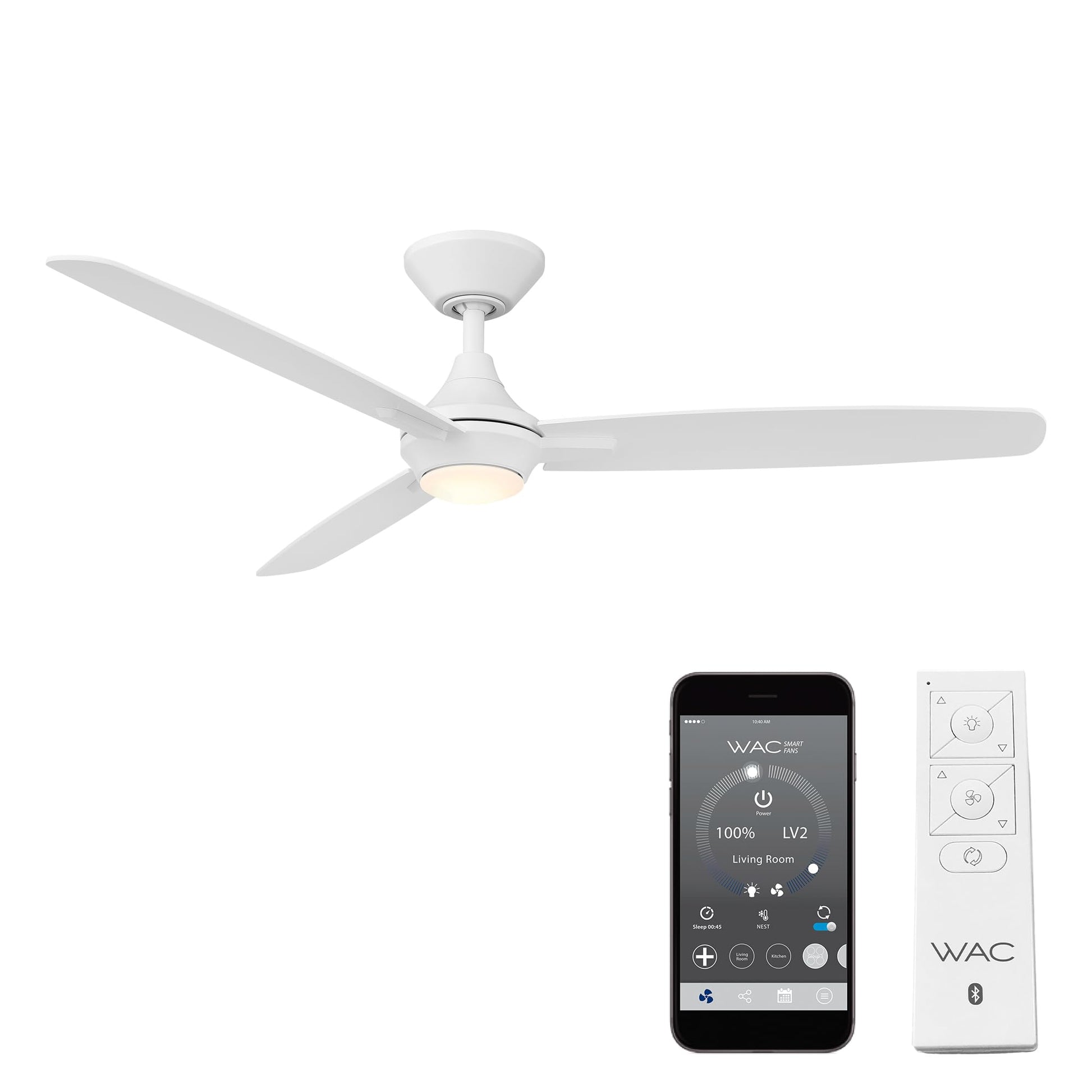 Ventilador de Techo Inteligente WAC Smart Fans Blanco Mate con Kit de Luz LED 3000 K y Control Remoto para Interiores y Exteriores