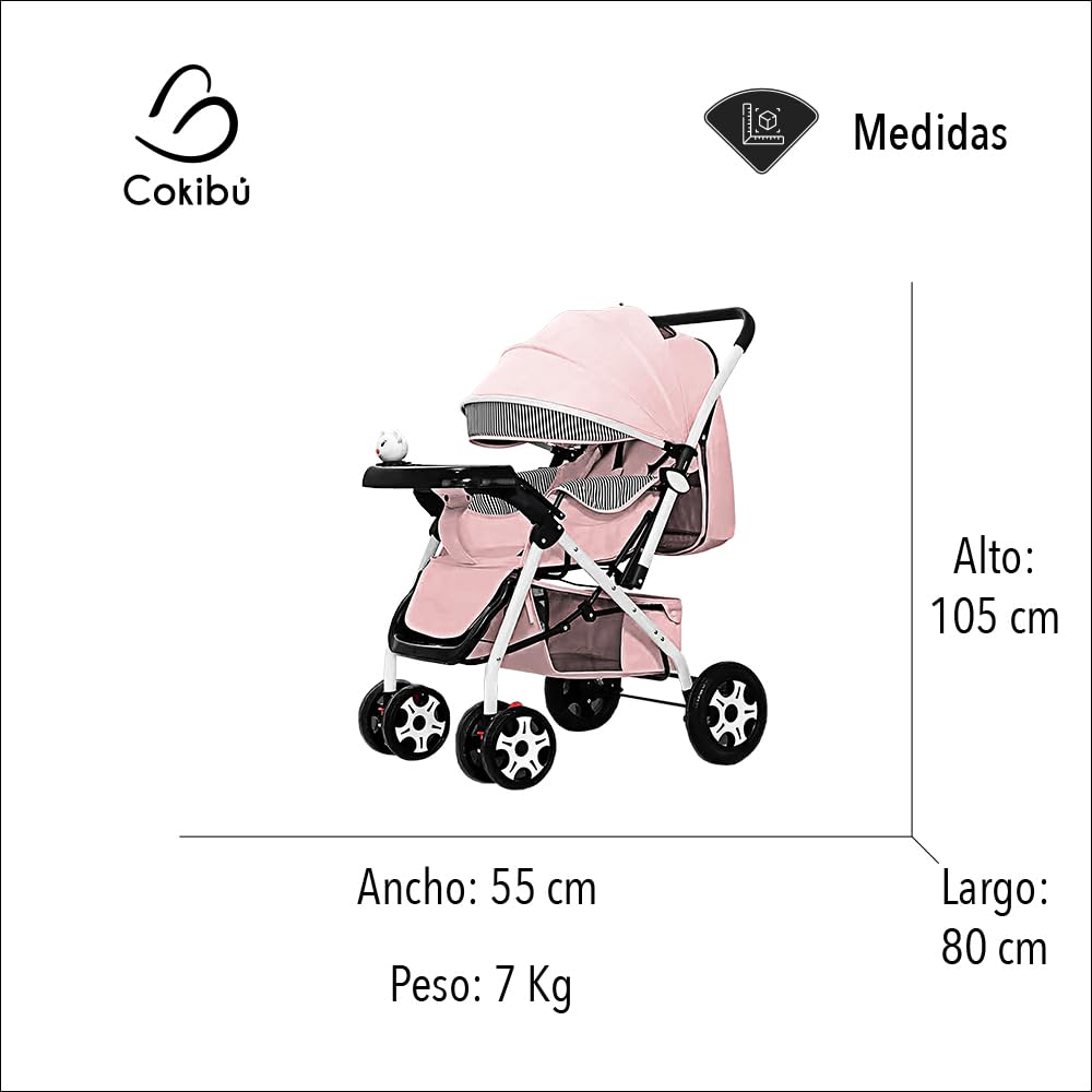 Carriola De Bebé Plegable Rosa Canasta De Almacenamiento Mango Reversible Respaldo ajustable Arnes De Seguridad De 5 Puntos Bandeja De Comida Y Musica Marca Cokibu