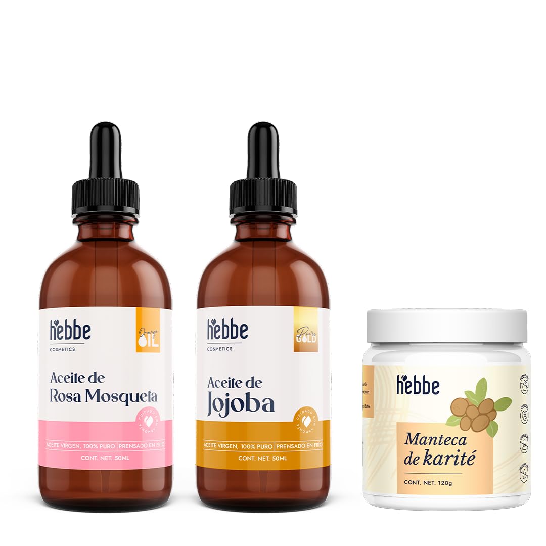 Hebbe - Kit Aceites Rosa Mosqueta Jojoba Karité | Antiedad | Líneas de Expresión | Equilibra Sebo | Regenera Piel
