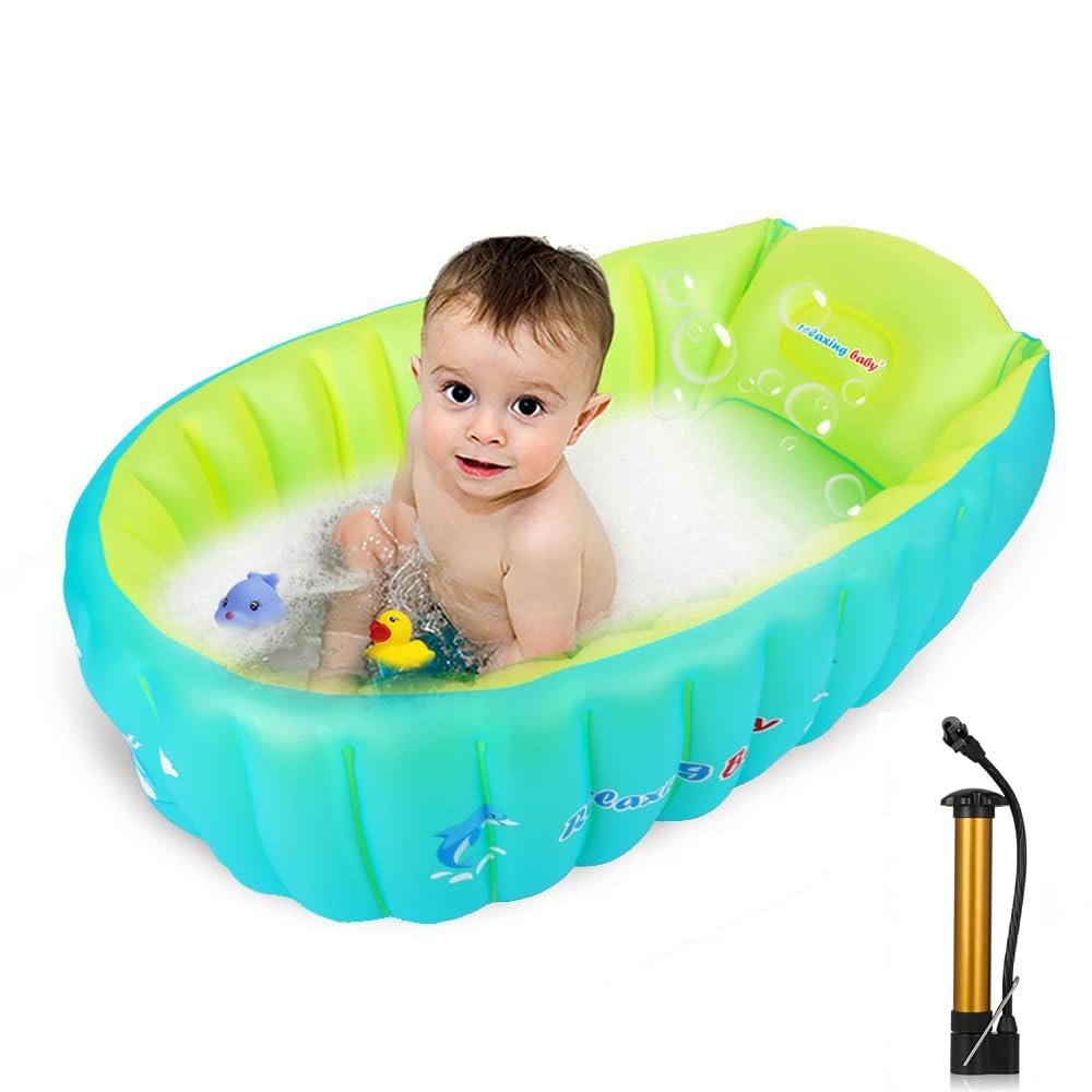 relaxing baby Bañera inflable para bebé relajante, asiento de bañera pequeño para bebé sentado, silla de bañera portátil para bebé niña de viaje accesorios con 2 divertidos juguetes de baño y bomba de aire para recién nacidos - 6 años de edad.