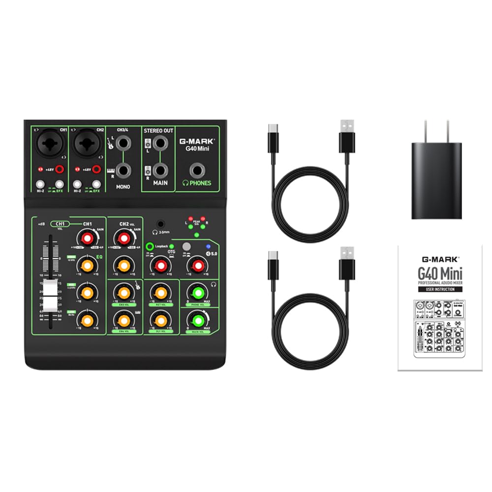 G-MARK Portátil Mezcladora de Audio de 4 Canales, USB OTG Interfaz Bluetooth Estéreo Phantom Power de 48 V Consola De Sonido para DJ, Estudio, Teléfono Móvil, Tableta (G40MINI 4 Canales)