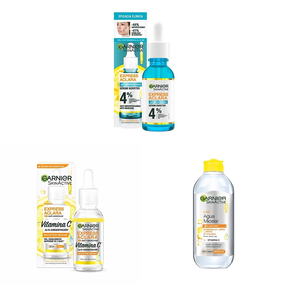 Garnier Express Aclara Serum Anti Acne 30 ml + Express Aclara Serum Anti Manchas con Vitamina C - 1 x 30 ml + ls Face Express aclara tono uniforme Agua Micelar