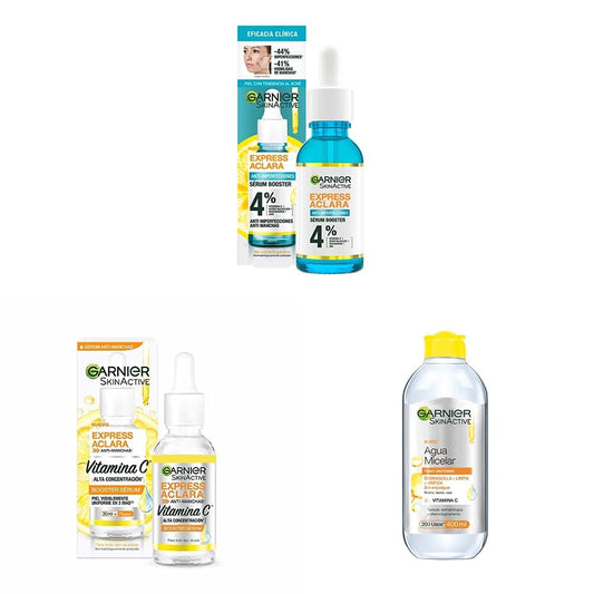 Garnier Express Aclara Serum Anti Acne 30 ml + Express Aclara Serum Anti Manchas con Vitamina C - 1 x 30 ml + ls Face Express aclara tono uniforme Agua Micelar