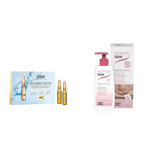 Isdinceutics Hyaluronic Booster, Sérum hidratante y calmante intensivo con ácido hialurónico, 5 ampolletas + Woman Higiene Intima, Gel de baño higiene íntima de uso diario 200ml