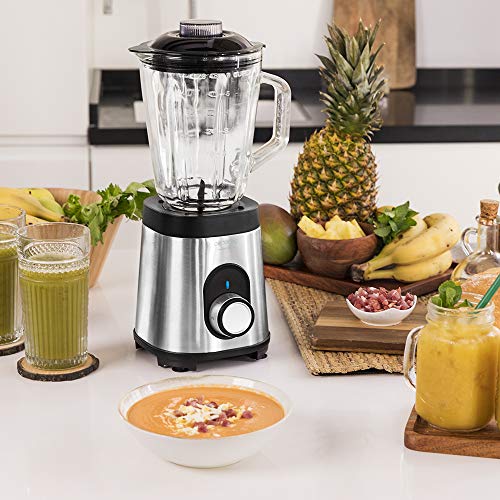 Cecotec Batidora de Vaso Power Black Titanium 1000 INOX. 1000 W, Cuerpo de Acero Inoxidable, Cuchilla de 6 Hojas con Recubrimiento de Titanio Negro, Jarra de Vidrio 1.5 L, 5 Velocidades