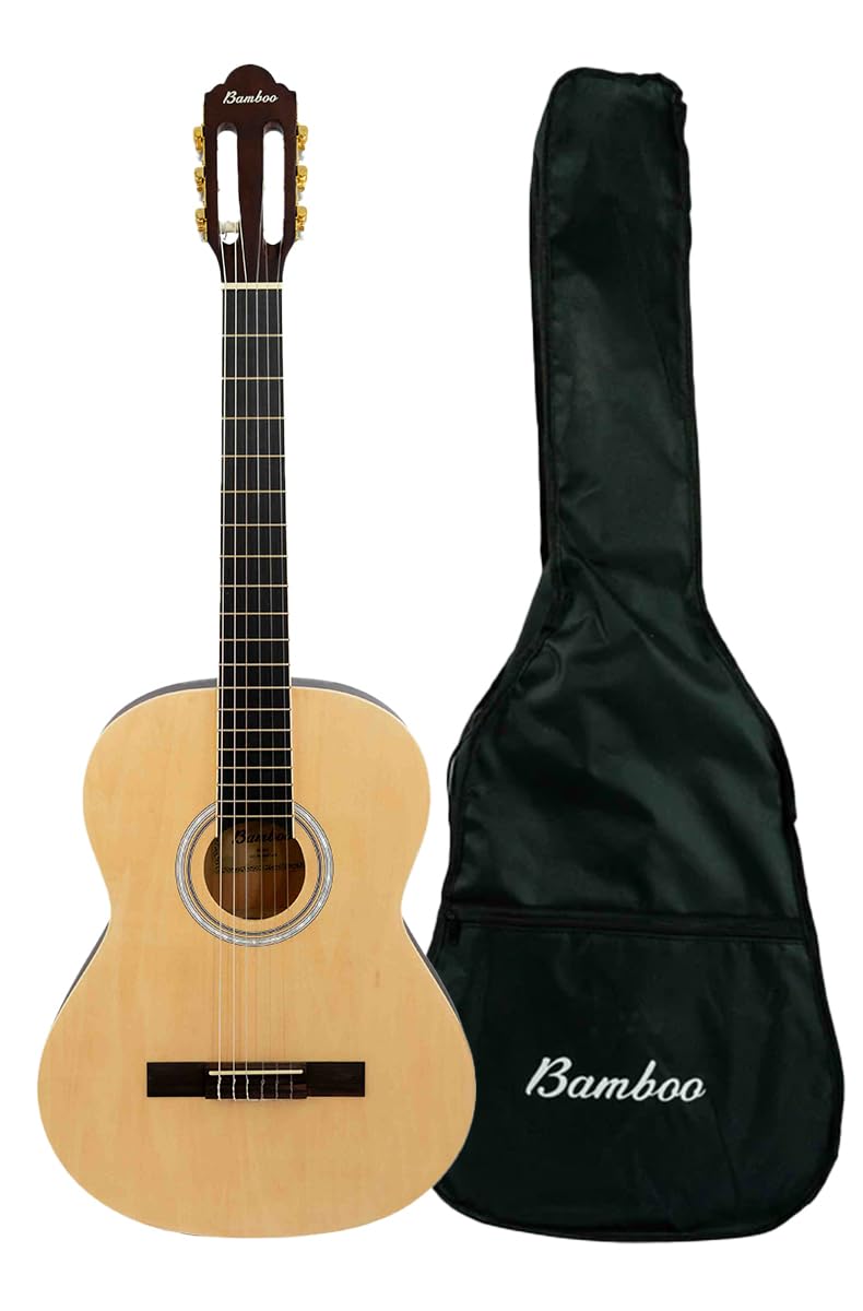 BAMBOO, Guitarra Clasica Acustica Estudio Natural con Funda, 39 pulgadas, madera Linden. Cuerdas de Nylon. Ideal Estudiantes.