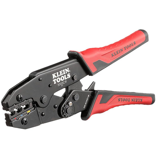 KLEIN TOOLS 3005CR | Pinza Ponchadora con Aislamiento | Ponchado Preciso y Seguro | Diseño Ergonómico y Ajustable | Ponchadora | Terminales eléctricas | 10-22 AWG | Tres Cavidades y Matraca Integrada