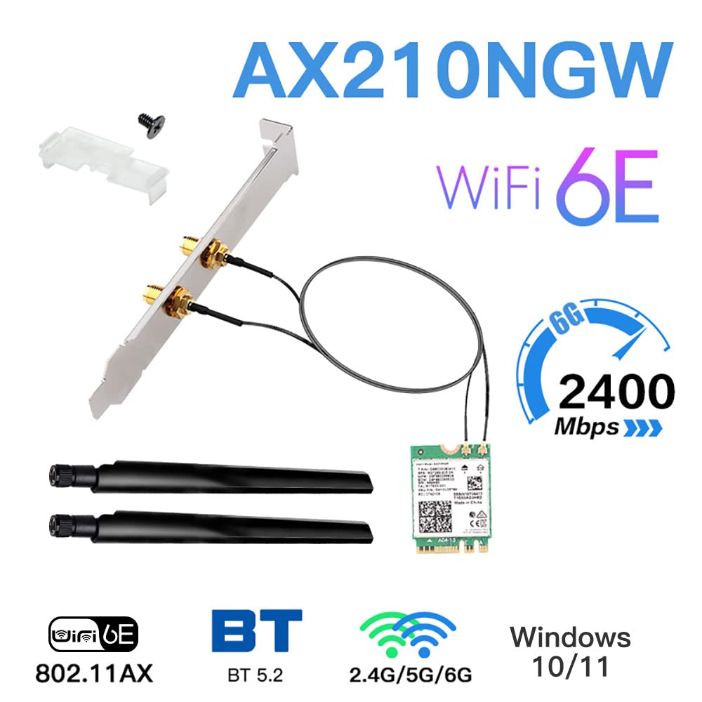 AX210 Tarjeta WiFi 6E WiFi M.2 NGFF Mini kit de computadora Adaptador 6GHz BT5.2 inalámbrico 802.11ax 5400Mbps 2.4Ghz 5Ghz Soporte OFDMA MU-MIMO AX210NGW Tarjeta de red Gigabit