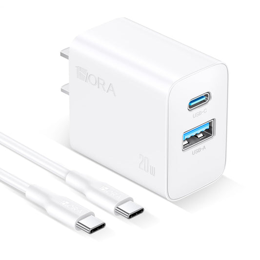 1 Hora Cargador de Carga Rápida 20W 2 en 1, Cargador Tipo C PD 20W + USB A QC 18W con Cable C a C, Compatible con IP 15 14 13 Pro MAX XS, Galaxy S23 / S22 / S21+ / Note 10, iPad Pro, Google Pixel
