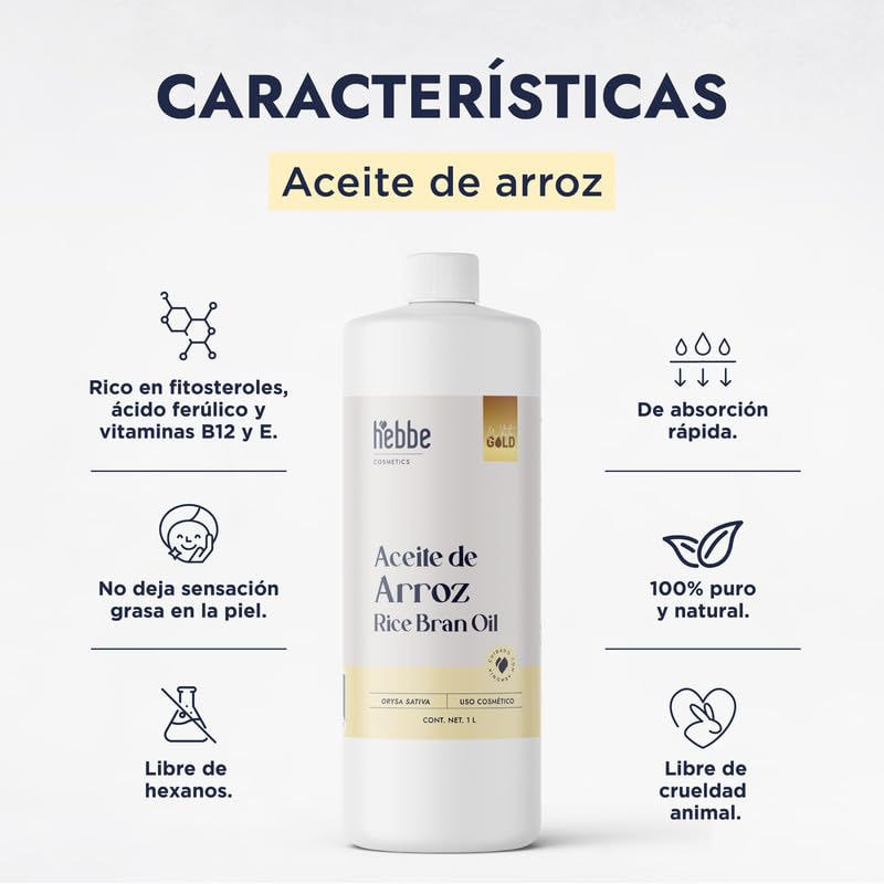 HEBBE Aceite De Arroz 1000 ml | Rice Bran Oil 100% Puro | Absorción Rápida No Graso | Antioxidante Vitamina E | Piel y Cabello