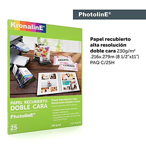 Papel Recubierto Kronaline Alta Resolución Blanco Doble Cara 230g/m2 Para Impresora De Inyección De Tinta Acabado Mate 25 Hojas Tamaño Carta