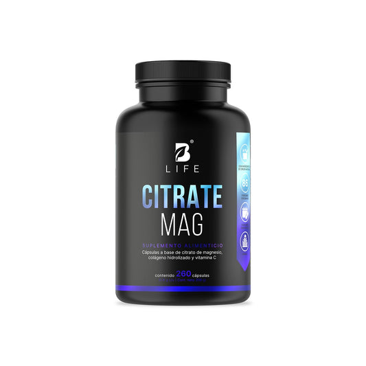 B Life | Citrato de Magnesio Puro | 260 cápsulas | 2400 mg por porción | Alta absorción | Adicionado con Vitamina C y Colágeno | Citrate Mag.