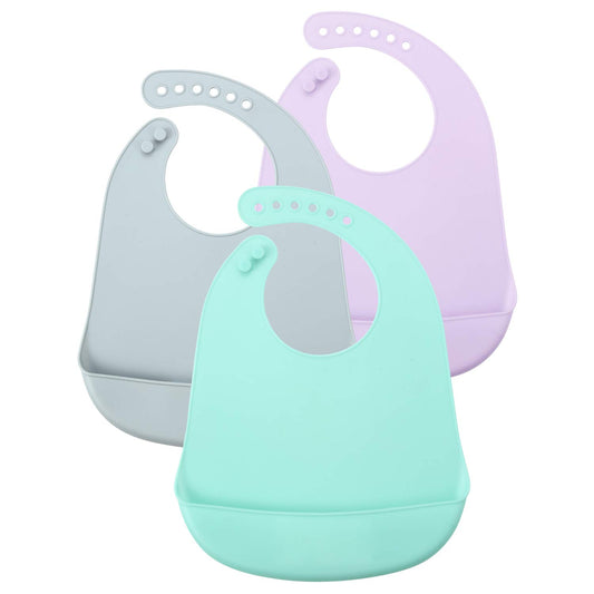 Baberos de Silicona PandaEar Azul/Púrpura/Gris con Bolsillo para Colector para Bebé