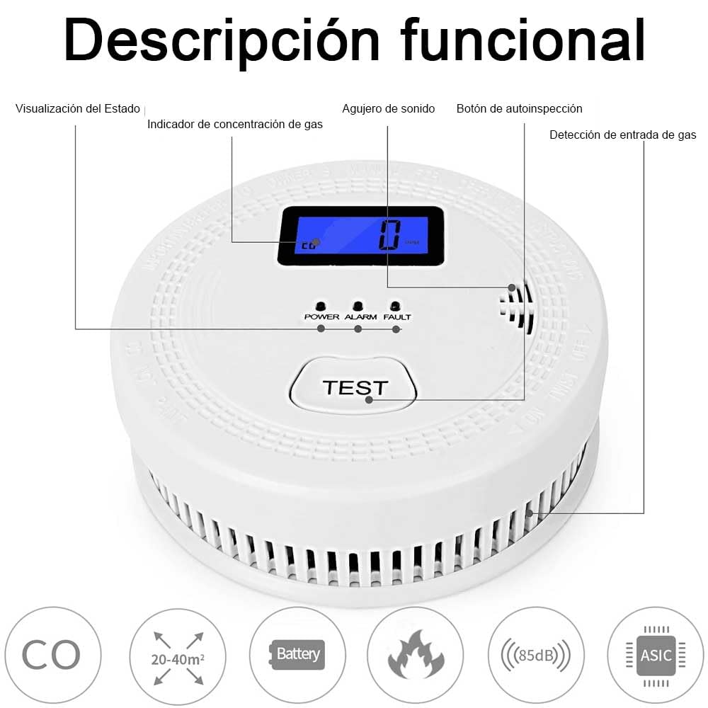 Detector de Humo y Monóxido ZUMECA Gris con Alarma Fotoeléctrica para Hogar, Hotel, Escuela