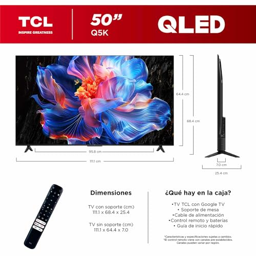 TCL Smart TV 2025 Pantalla 50" 50Q5K Google TV QLED 4K Google Assistant | Hands Free Voice Control | Alexa | VisionHDR10+| AiPQ™ | Micro Dimming | NITS350 | Panel 60 Hz