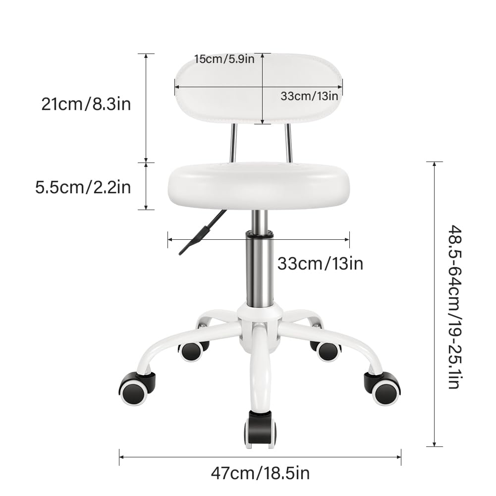 Taburete Giratorio WKWKER Blanco con Respaldo de Altura Ajustable para Spa, Salón, Hogar y Oficina