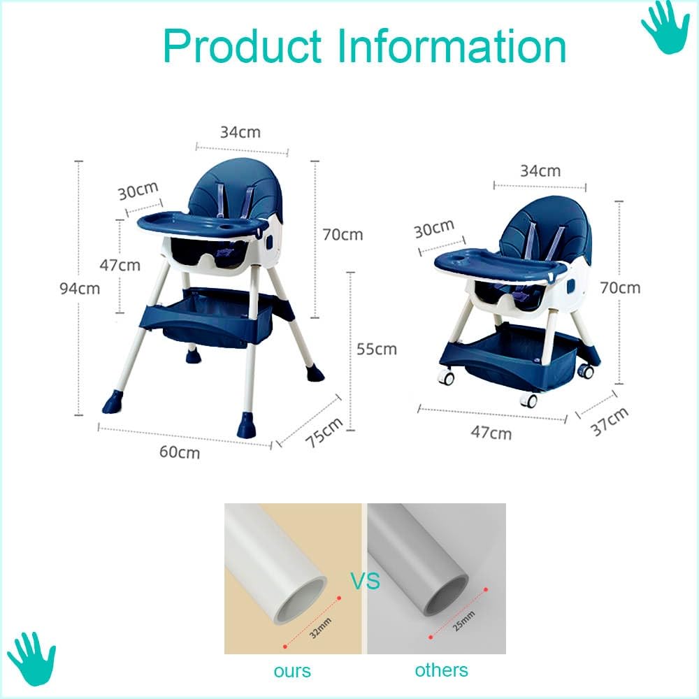 Silla alta para bebe, silla periquera para comer silla para bebe 6 en 1 con babero vaso entrenador y plato de comida, facil de armar, plegable multifuncion (Azul)