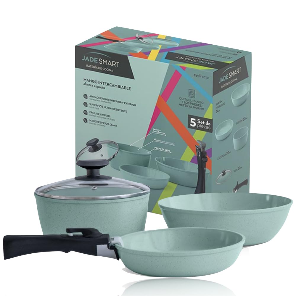 JADECOOK | Batería de cocina Jade Smart + Comal antiadherente con mango 32 cm | Batería de cocina antiadherente de 4 piezas con Mango intercambiable