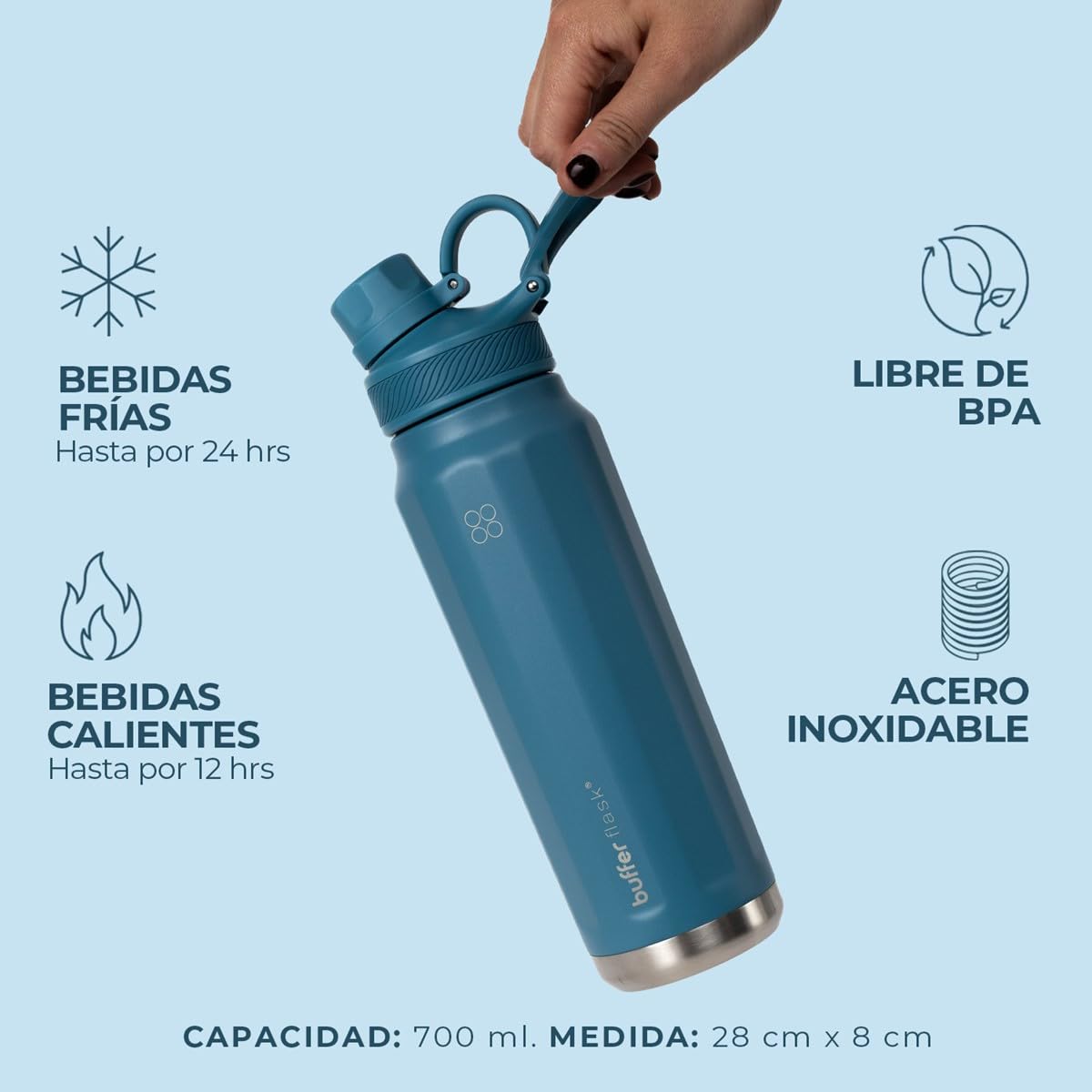 BUFFER FLASK - Termo de Acero Inoxidable | Botella de Agua Aislante, Termos Agua Fría (24 horas) o Caliente (12 horas) | Antigoteo, Hermético | Incluye tapas | 700 ml - 24 Oz| Color Blue Verdi