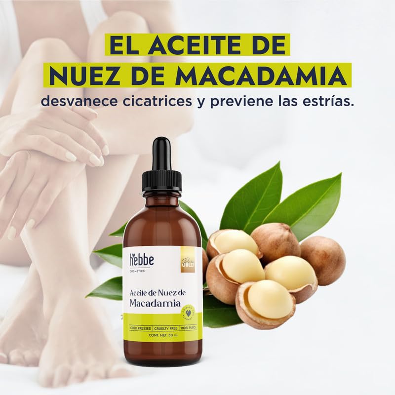 Hebbe Aceite de Nuez de Macadamia 50 ml | Prensado en Frío 100% Puro | Hidratante Piel y Cabello | Textura Ligera sin Grasa | Nutritivo