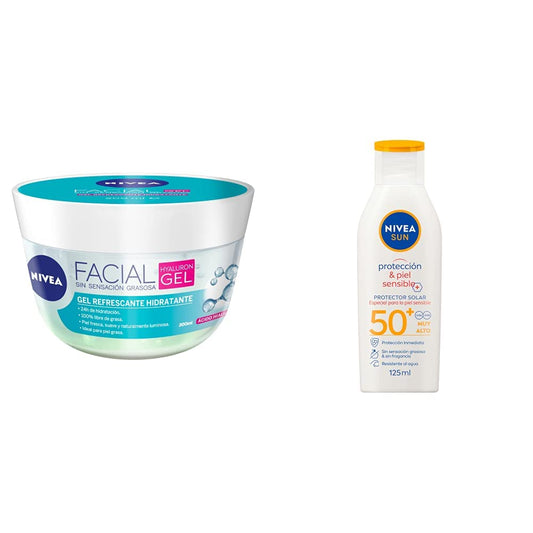 NIVEA Gel Facial Refrescante Cuidado Facial (200 ml) con ácido hialurónico, 24 horas de humectación para un piel fresca + SUN Protector Solar Corporal Protect & Sensitive (125 ml)