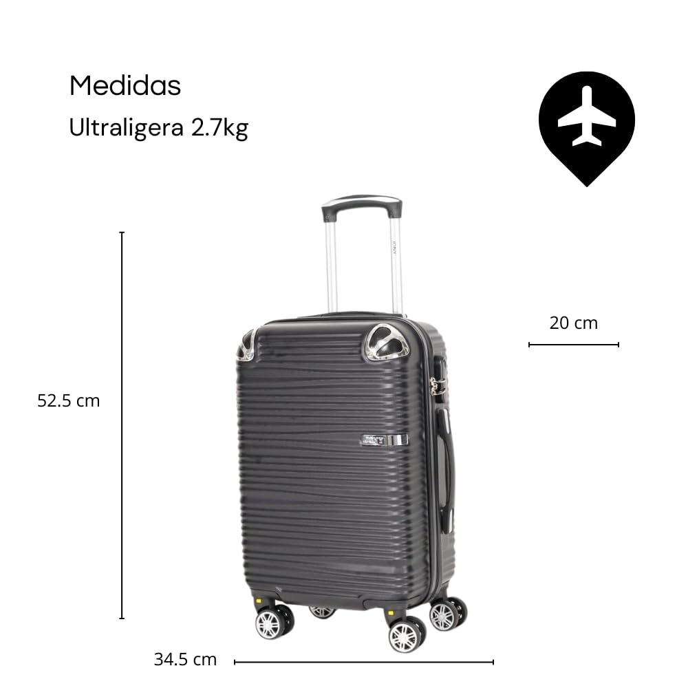 Maleta de Mano JONY Carry On Rigida Resistente Ruedas Giratorias 360 Mango Expandible ABS Candado de Seguridad (Negro Rayado)