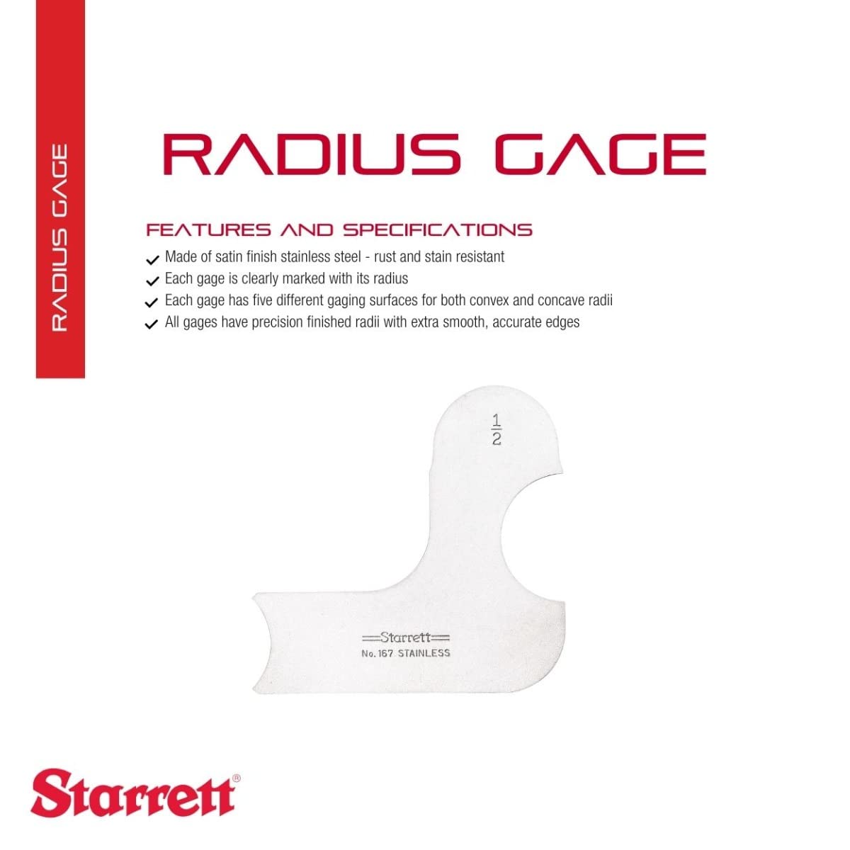 Medidor de Radio Starrett Acero Inoxidable para Radios Convexos y Cóncavos 1/2 Pulgadas