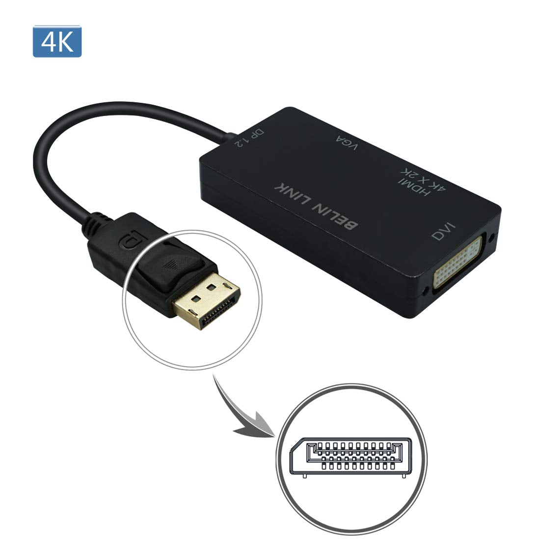 Adaptador DisplayPort DP HDMI VGA DVI Negro 4K Triple Función Gold-Plated