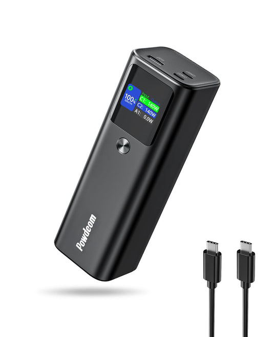 Banco de Energía Powdeom 140 W Negro con Visualización Digital Inteligente y Cargador Portátil de 3 Puertos para iPhone 15/14
