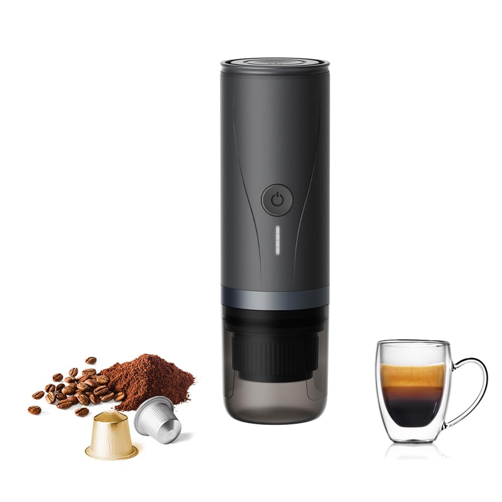 Máquina de café espresso portátil, mini máquina de café eléctrica autocalentada, presión de 20 bares compatible con cápsulas NS y molienda fina para viajes, camping, senderismo (negro)
