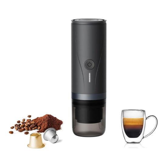 Máquina de café espresso portátil, mini máquina de café eléctrica autocalentada, presión de 20 bares compatible con cápsulas NS y molienda fina para viajes, camping, senderismo (negro)