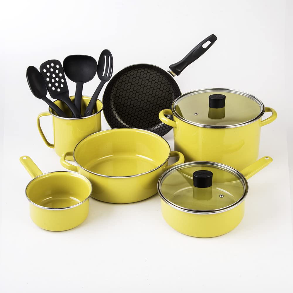 Cinsa Batería de cocina Praktica12 piezas, acero vitrificado con anillo inox, sartén aluminio con antiadherente, tapas planas de vidrio templado (Lima)